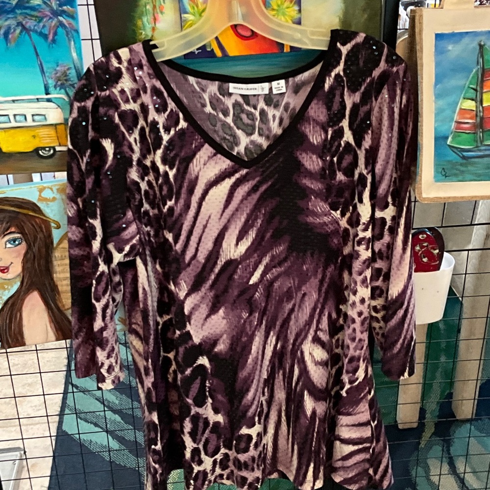 Susan Graver Purple and Black Animal Print Long Sleeve Top